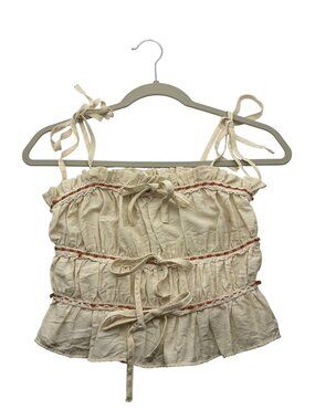 Thirty/Thirty LA S Beige Boho Lace Ribbon Trim Ruffle Bow Tank Top Tie Smocked